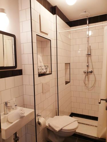 a bathroom with a shower and a toilet and a sink at Oleander Hof in Hochstadt