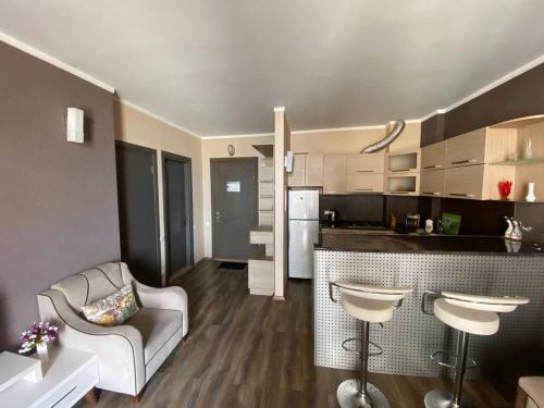 Orbi Plaza Apartment في باتومي: غرفة معيشة مع أريكة ومطبخ