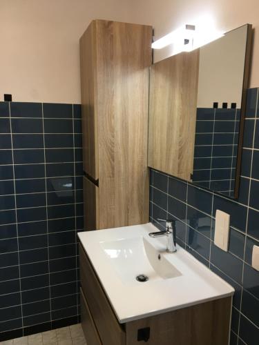 a bathroom with a sink and a mirror at Residentie Majestic in Middelkerke
