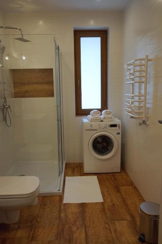a bathroom with a washing machine and a toilet at Trzy Sosny Płaska in Płaska