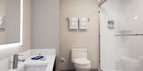 a white bathroom with a toilet and a shower at Holiday Inn Express & Suites - Harrisonburg University Area by IHG in Harrisonburg