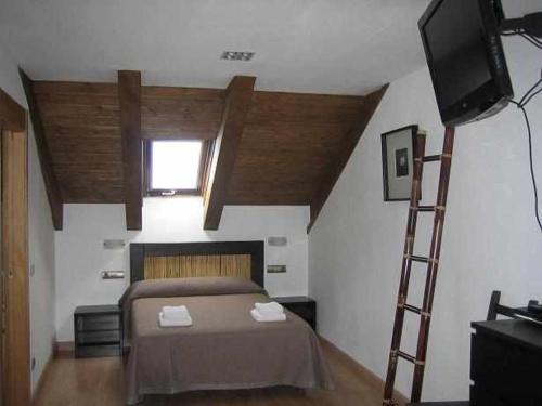 1 dormitorio con 1 cama, TV y escalera en Apartamentos Puerta de Ordesa, en Laspuña