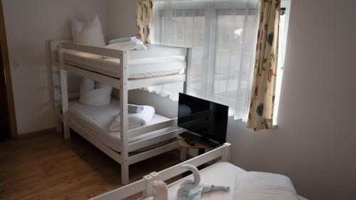 a bedroom with a bunk bed with a television and a room at Ibex Hostel in Nauders