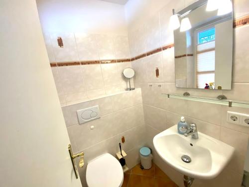 ein Badezimmer mit einem Waschbecken, einem WC und einem Spiegel in der Unterkunft Ewertsen in Wyk auf Föhr
