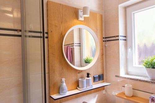 a bathroom with a mirror and a shower at Kimi's House - FeWo in Burg an der Mosel