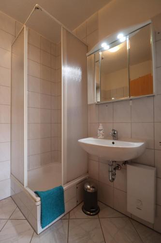 y baño con lavabo y ducha. en Appartement Monika, en Celle