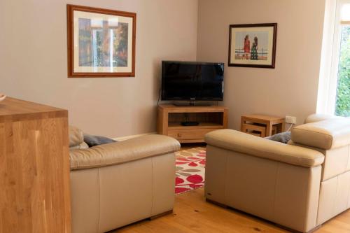 a living room with two couches and a flat screen tv at Garden Villa in Cambridge