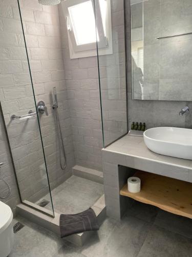 a bathroom with a shower and a sink at Petinaros Hotel in Mýkonos City