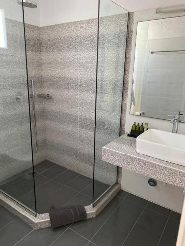 a bathroom with a glass shower and a sink at Petinaros Hotel in Mýkonos City
