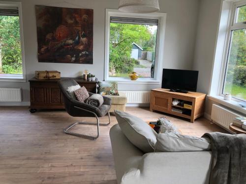 sala de estar con sofá y TV en Knusse vakantiewoning Valthe en Valthe