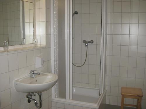 a bathroom with a shower and a sink at Doppelzimmer Gästehaus Mühlenstein in Bad Sülze
