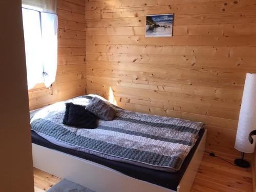 1 dormitorio con 1 cama en una pared de madera en Cattleya 1, en Wicko