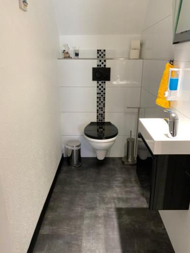 a bathroom with a black toilet and a sink at Hotel Am Müritzhafen garni in Waren