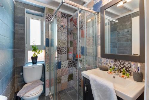 a bathroom with a shower and a toilet and a sink at Sea Front Suite "SEA TALES" in Gaios