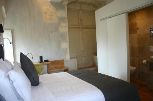 a bedroom with a bed and a bathroom with a shower at SY-la terrasse in Vézelay