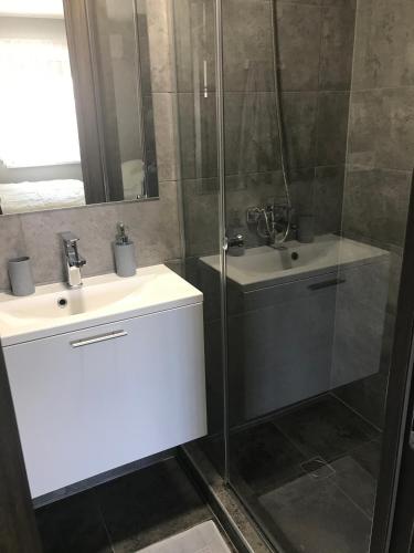 a bathroom with a glass shower and a sink at вулиця 8-го Березня Апартаменты in Myrhorod