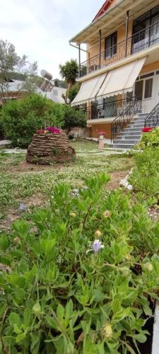 a garden with flowers in front of a building at Gardelis Gardens in Benitses