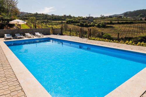 a blue swimming pool with a view of a vineyard at Partezins III in Castelo de Paiva