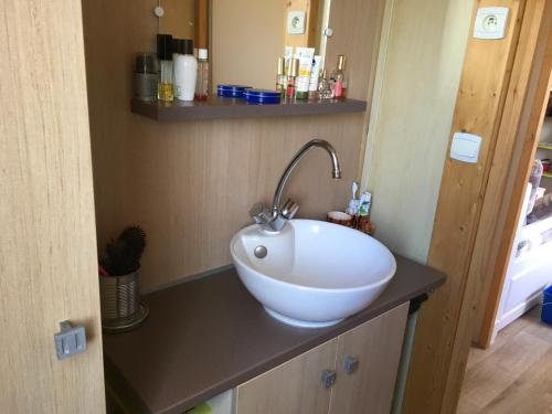 La salle de bains est pourvue d'un lavabo blanc sur un comptoir. dans l'établissement Oasis village, à Puget-sur Argens
