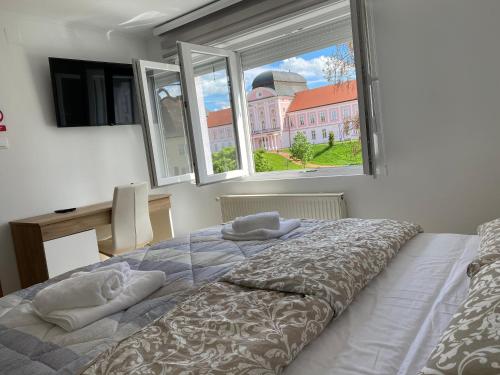 a bedroom with a bed and a large window at Apartman Edita in Virovitica