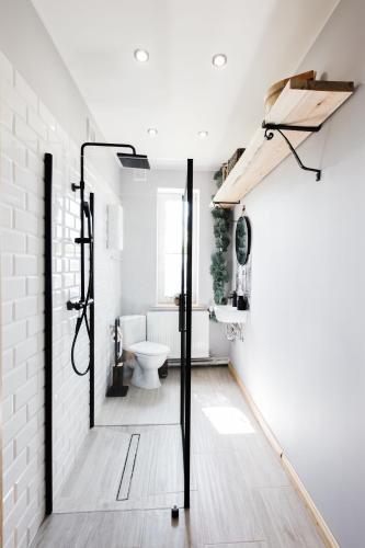 a bathroom with a toilet and a white brick wall at Agroturystyka Pod Orzechem in Jarszewko