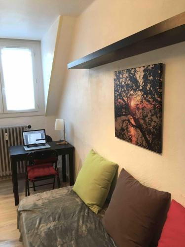 une chambre avec un bureau et un ordinateur portable sur un mur dans l'établissement Studio COCONUT, à Chambéry