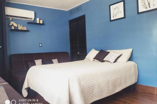 - une chambre avec des murs bleus et un lit dans l'établissement Estudio Ejec Independiente en ambiente Familiar, à Chihuahua