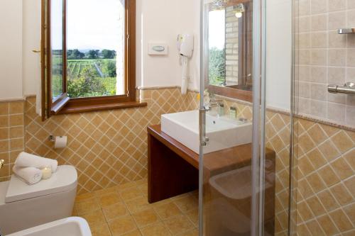 a bathroom with a sink and a toilet and a mirror at Agriturismo Il Cantico di San Francesco in Palazzo