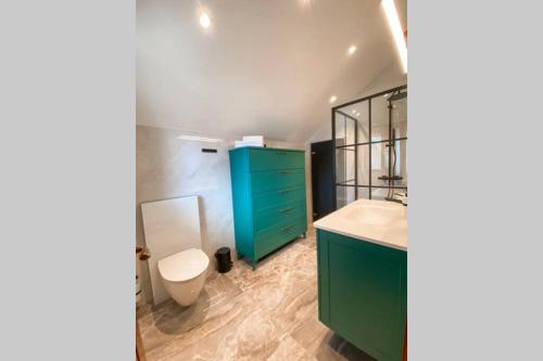 łazienka z zieloną szafką i białą toaletą w obiekcie Flatanger Turkish Bath apartment w mieście Lauvsnes