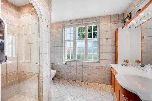 a bathroom with a shower and a sink and a toilet at Korinth Bed & Breakfast in Fåborg