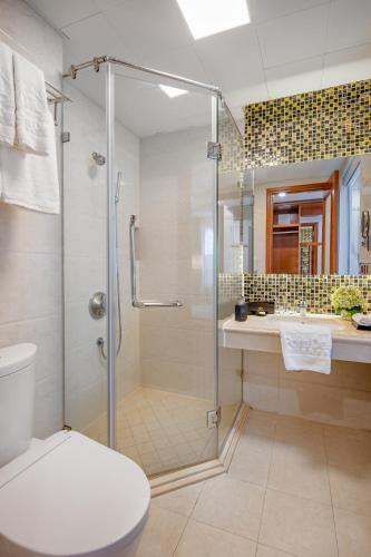 a bathroom with a shower and a toilet and a sink at Paris Deli Danang Beach Hotel in Da Nang
