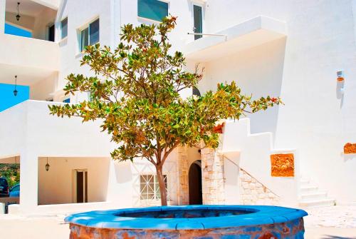 a tree in a blue barrel next to a building at Villa Agnanti Boutique in Grammatiko
