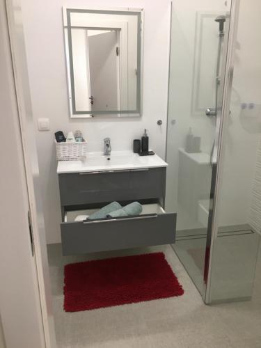 a bathroom with a sink and a shower with a mirror at SWING in Szczecin