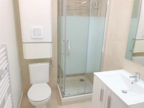une salle de bain avec une douche, des toilettes et un lavabo dans l'établissement Dana centre mer 11, à Nice