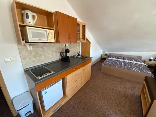 a small kitchen with a sink and a microwave at The Legits Apartments in Donovaly