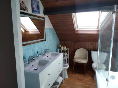ein Badezimmer mit einem Waschbecken, einem WC und einem Spiegel in der Unterkunft La Longère des Gillettes in Bézenet