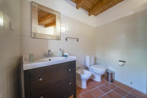 La salle de bains est pourvue d'un lavabo, de toilettes et d'un miroir. dans l'établissement Casa do Pelourinho, à Aljezur