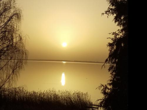 a sunrise on a lake with the sun setting at Paolos Seehotel Mardorf in Mardorf