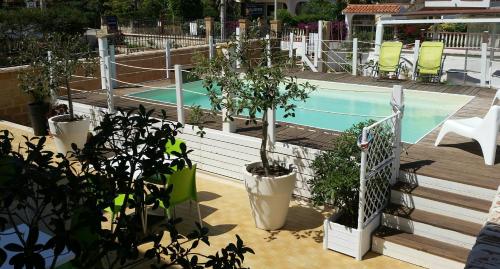 a swimming pool with two potted plants next to at B&B Korsal in Noto Marina