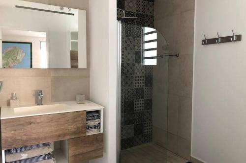 a bathroom with a sink and a shower with a mirror at à deux pas du lagon bel appartement quartier très vivant à l'hermitage in Saint-Gilles les Bains