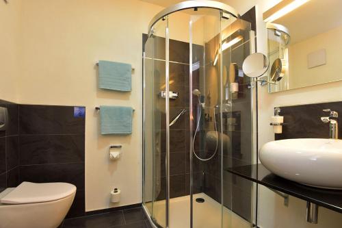 a bathroom with a shower and a toilet and a sink at AltstadtHotel an der Werra in Meiningen