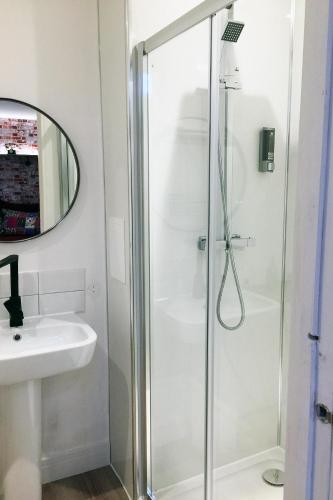 a bathroom with a shower and a sink at Beaverhall Holiday Apartments in Edinburgh