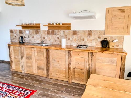 a kitchen with wooden cabinets and a sink at Le Ranch in Cernik