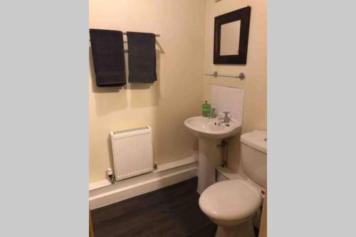 a bathroom with a white toilet and a sink at Quirky 3 bedroom property in Wymondham