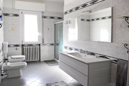 切塞納蒂科的住宿－Appartamento Del Veig，一间带水槽、卫生间和镜子的浴室