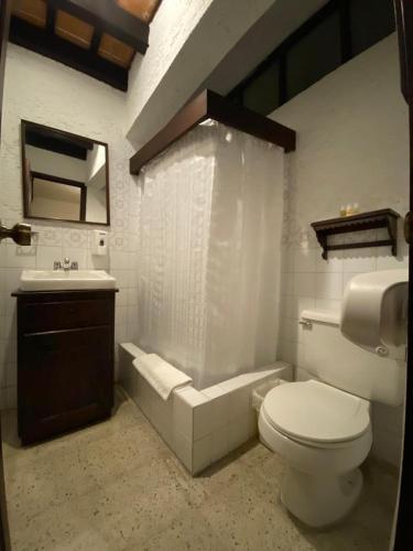 a bathroom with a toilet and a sink and a mirror at Hotel Posada San Pedro in Antigua Guatemala
