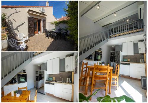 a collage of photos of a kitchen and a house at As20245 - Maison p2 avec terrasse et parking privé in Le Grau-du-Roi