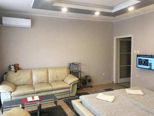 a living room with a couch and a tv at Central in Zalaegerszeg
