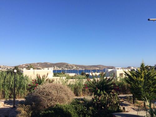 a view of a garden with trees and buildings at Galini Rooms & Apartments in Finikas