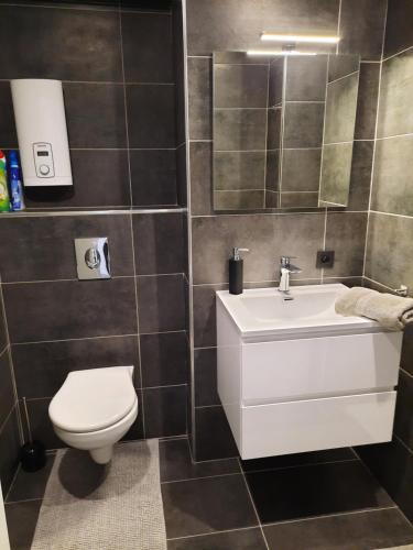 een badkamer met een wit toilet en een wastafel bij Chateau Lastours in Blankenberge